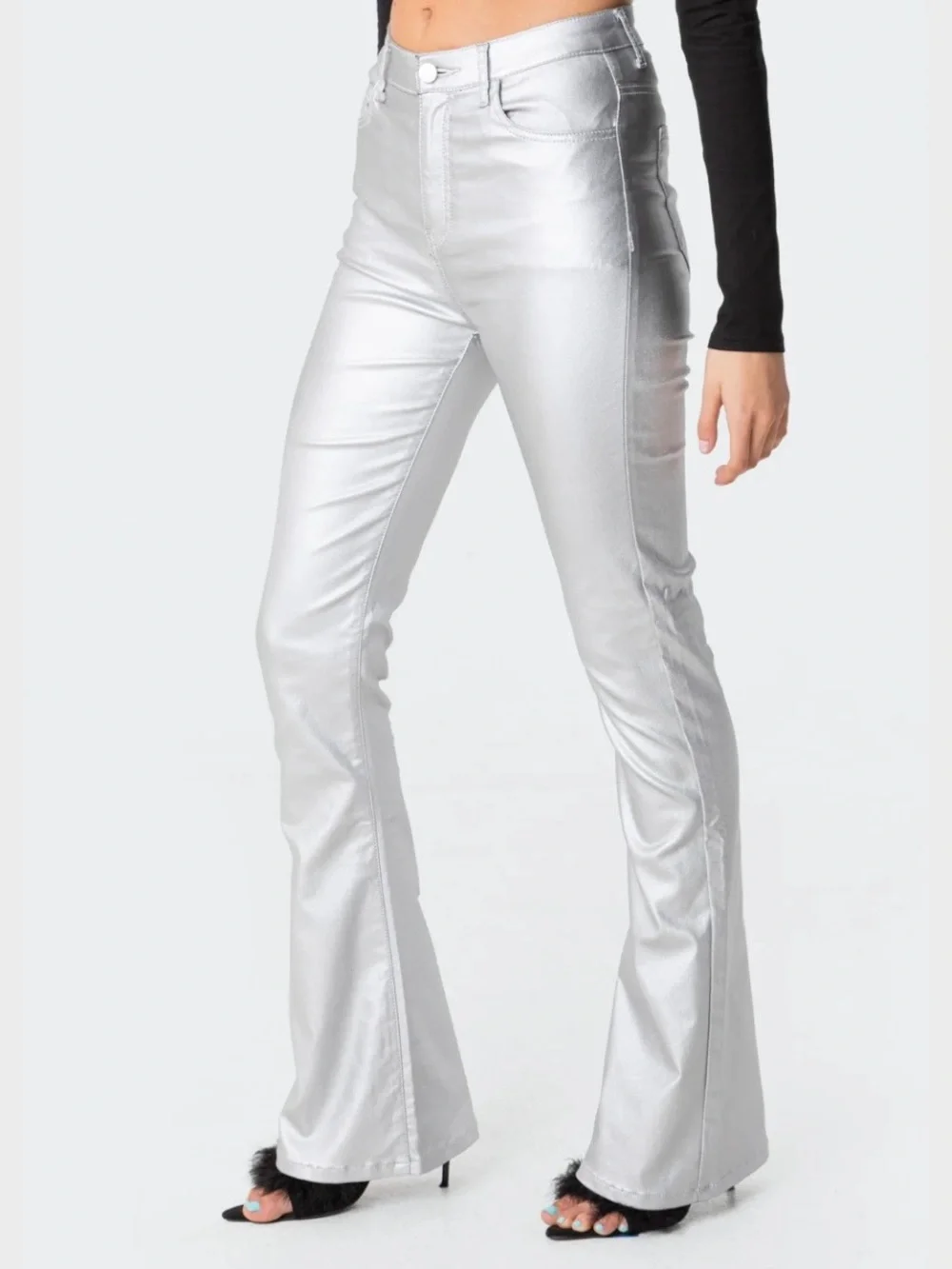 Edikted Luna Faux Leather Flare Jeans - Picture 3 of 5